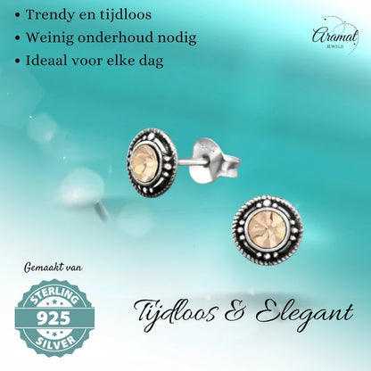 Stud Earrings – Sterling Silver Bali Ethnic Champagne Crystal 7mm Women