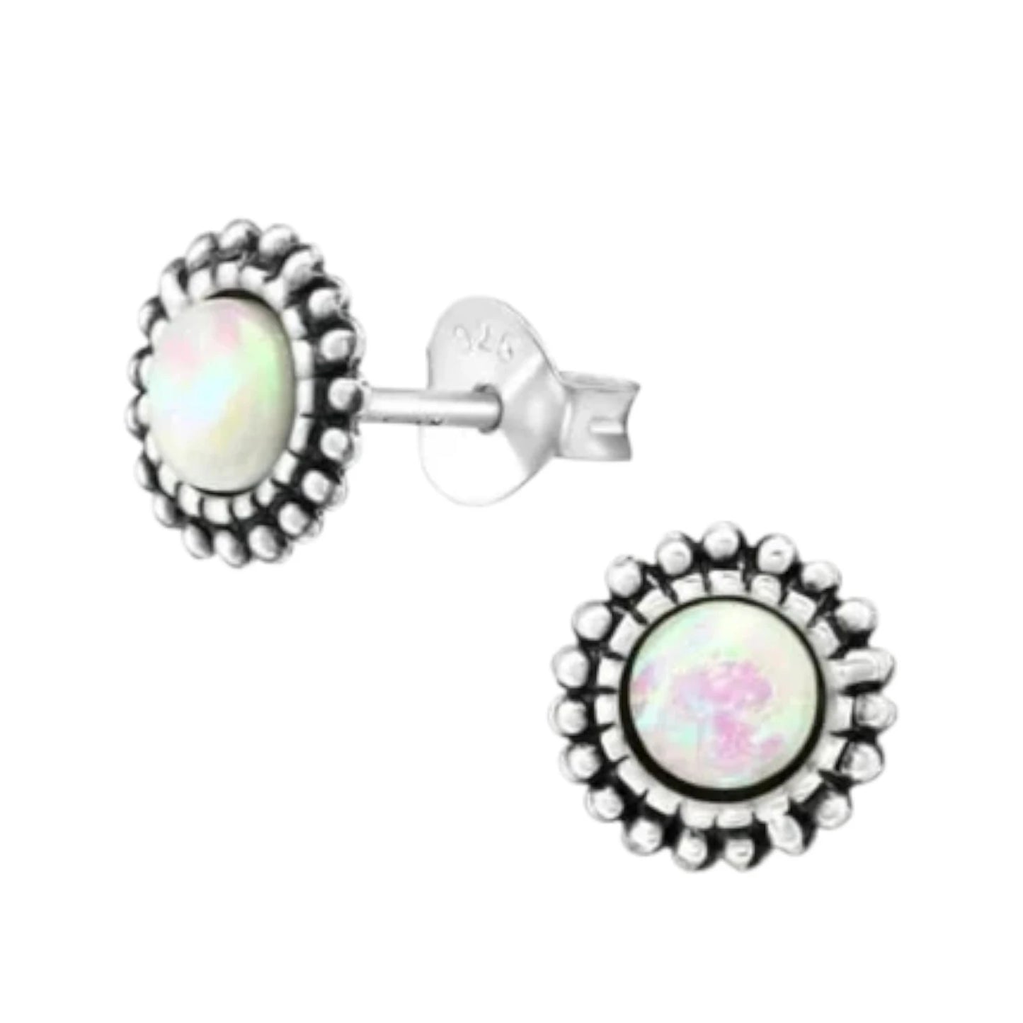 Stud Earrings – Sterling Silver Bali Ethnic White Opal 8mm Oxidized