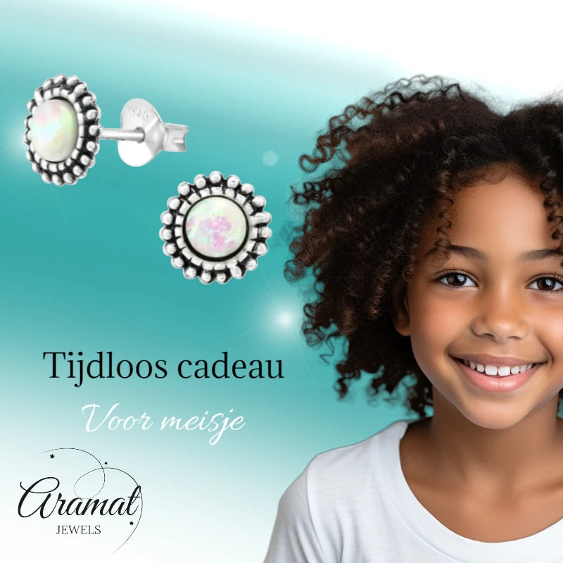 Stud Earrings – Sterling Silver Bali Ethnic White Opal 8mm Oxidized