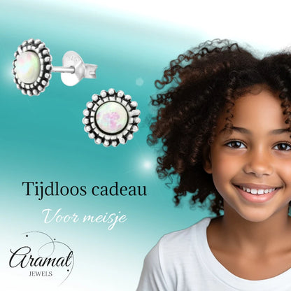 Stud Earrings – Sterling Silver Bali Ethnic White Opal 8mm Oxidized