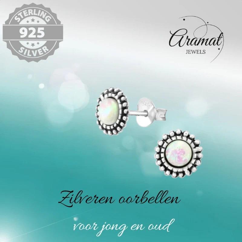 Stud Earrings – Sterling Silver Bali Ethnic White Opal 8mm Oxidized