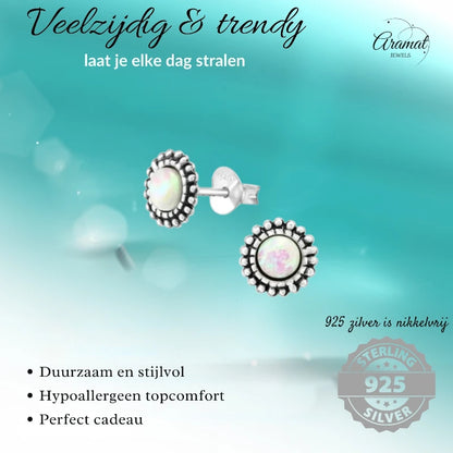 Stud Earrings – Sterling Silver Bali Ethnic White Opal 8mm Oxidized