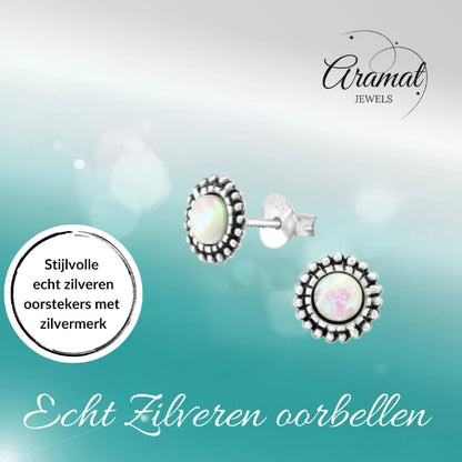 Stud Earrings – Sterling Silver Bali Ethnic White Opal 8mm Oxidized