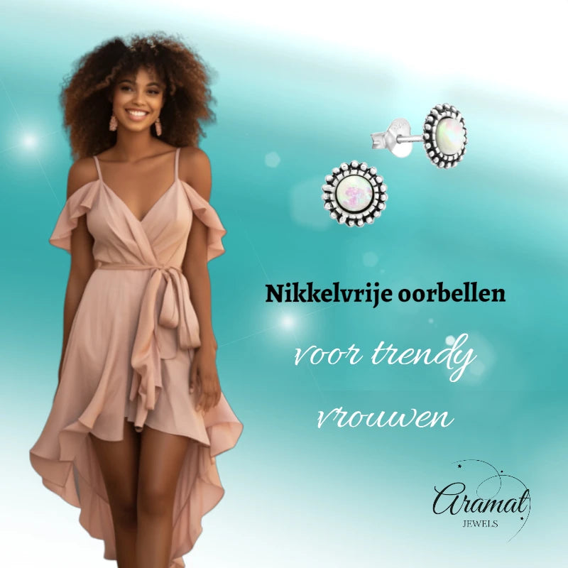 Stud Earrings – Sterling Silver Bali Ethnic White Opal 8mm Oxidized