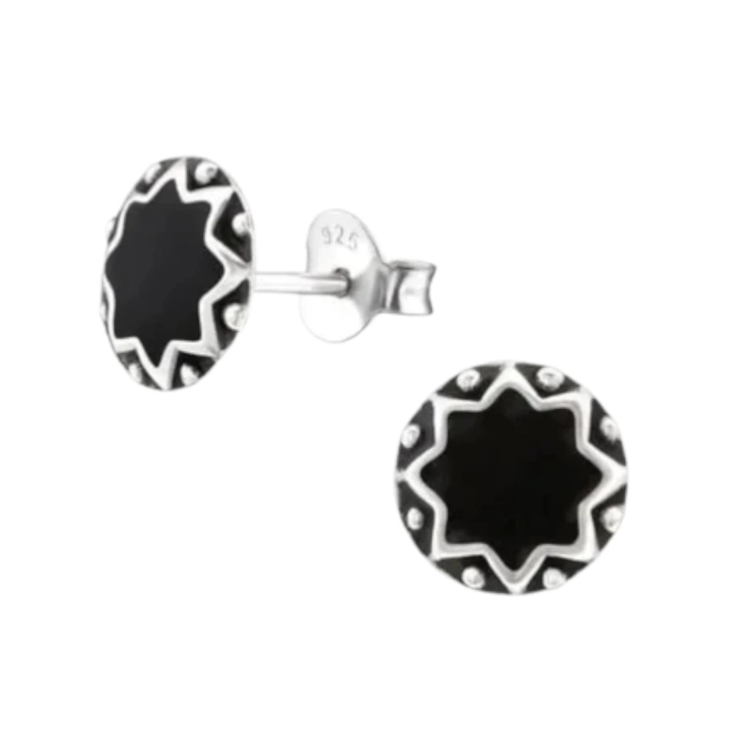 Stud Earrings – Sterling Silver Bali Ethnic Black Enamel 8mm Round Oxidized