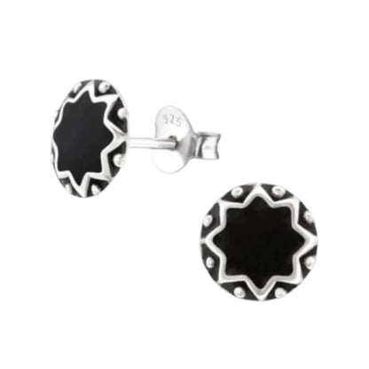 Stud Earrings – Sterling Silver Bali Ethnic Black Enamel 8mm Round Oxidized