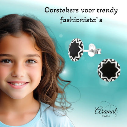 Stud Earrings – Sterling Silver Bali Ethnic Black Enamel 8mm Round Oxidized