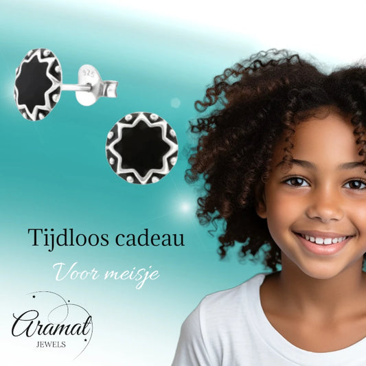 Boucles d'oreilles puces – Argent sterling, style ethnique balinais, émail noir, rondes, 8 mm, oxydées