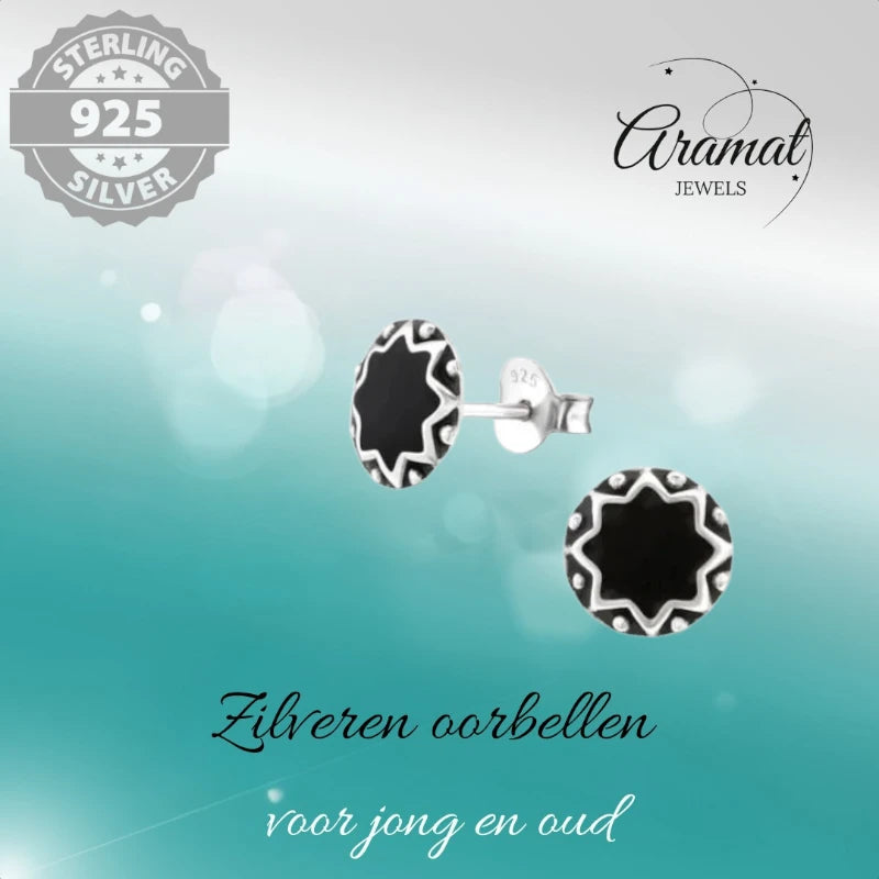 Stud Earrings – Sterling Silver Bali Ethnic Black Enamel 8mm Round Oxidized