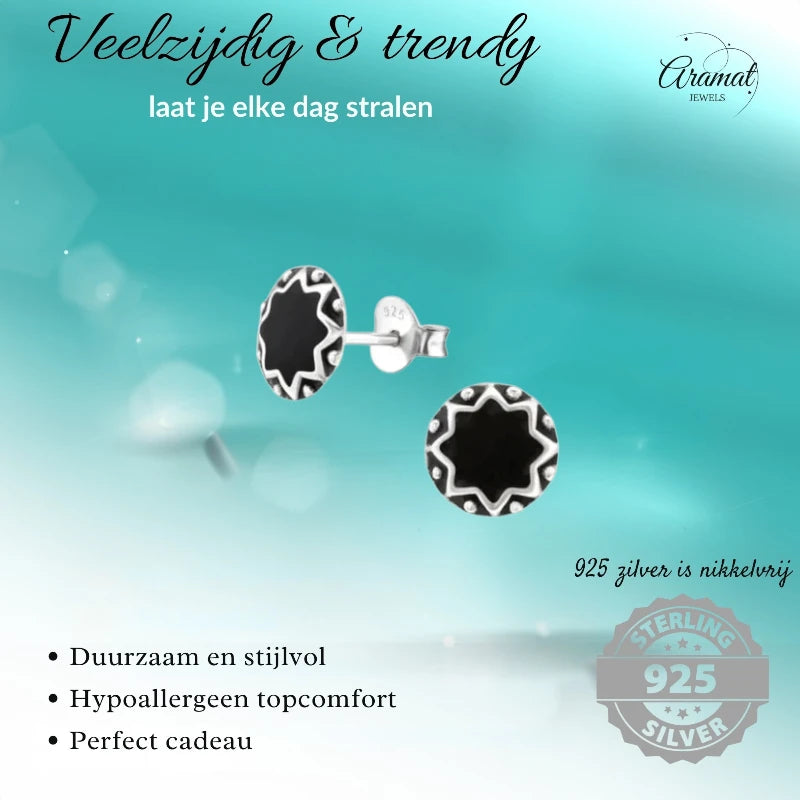Stud Earrings – Sterling Silver Bali Ethnic Black Enamel 8mm Round Oxidized