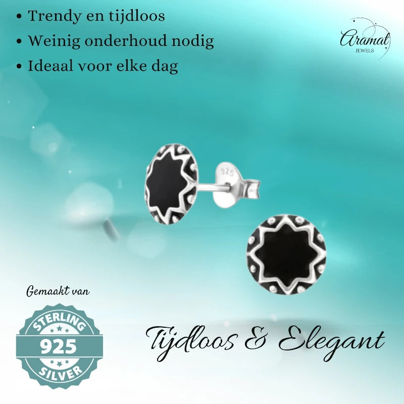 Stud Earrings – Sterling Silver Bali Ethnic Black Enamel 8mm Round Oxidized