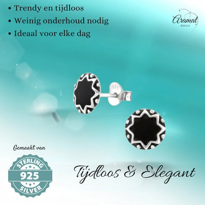 Stud Earrings – Sterling Silver Bali Ethnic Black Enamel 8mm Round Oxidized