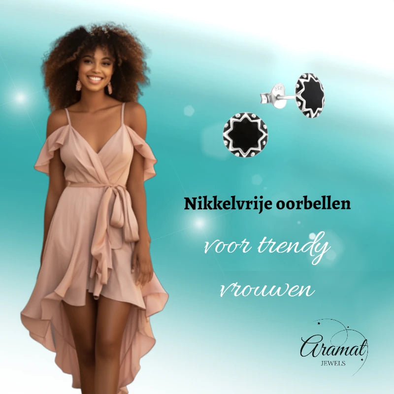 Stud Earrings – Sterling Silver Bali Ethnic Black Enamel 8mm Round Oxidized