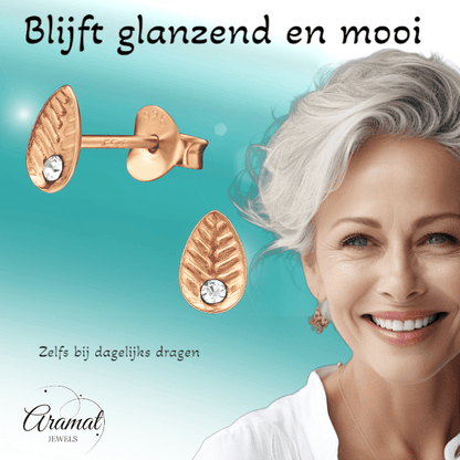 Zilveren Blaadje Oorbellen Rosé/Kristal – 6x4mm - Aramat Jewels - Oorbellen - cadeautip