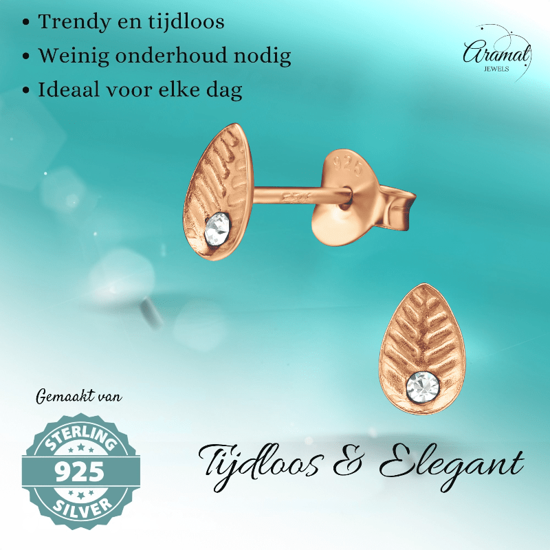 Zilveren Blaadje Oorbellen Rosé/Kristal – 6x4mm - Aramat Jewels - Oorbellen - cadeautip