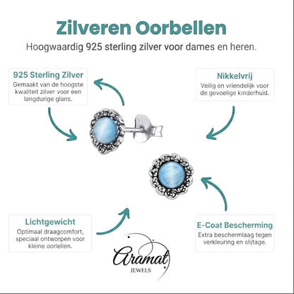 Zilveren Bloem Oorbellen met Kattenoog blauw - Aramat Jewels - Oorbellen - cadeautip