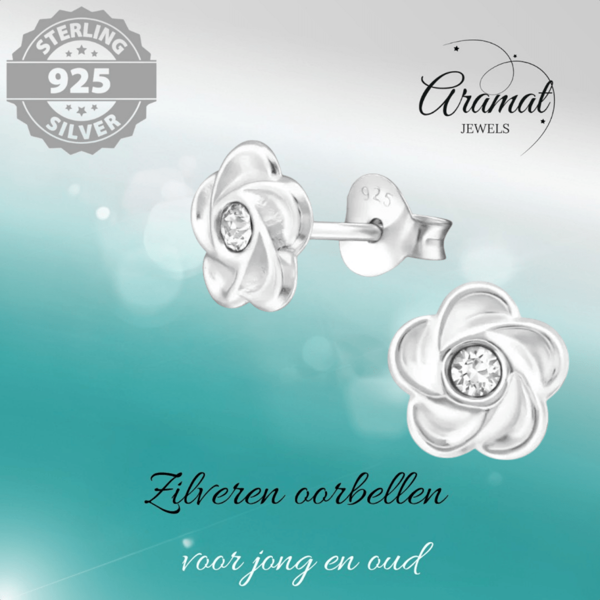 Zilveren bloem oorbellen met transparant kristal - Aramat Jewels - Oorbellen - cadeautip