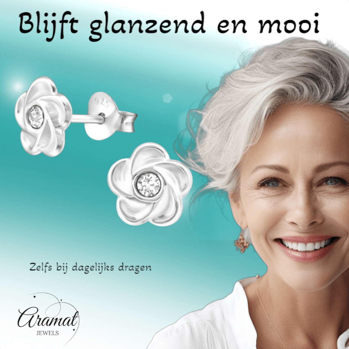 Zilveren bloem oorbellen met transparant kristal - Aramat Jewels - Oorbellen - cadeautip