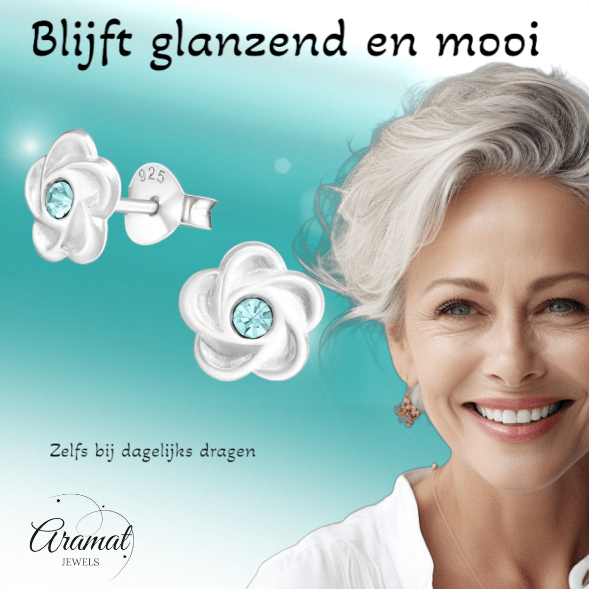 Zilveren bloemen oorstekers met blauwe kristal - Aramat Jewels - Oorbellen - cadeautip