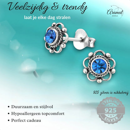 Zilveren Bloemoorbellen Blauw 7 mm - oor3383 - 30072 - Oorbellen kopen# - 7mm - 925 Zilver - alles