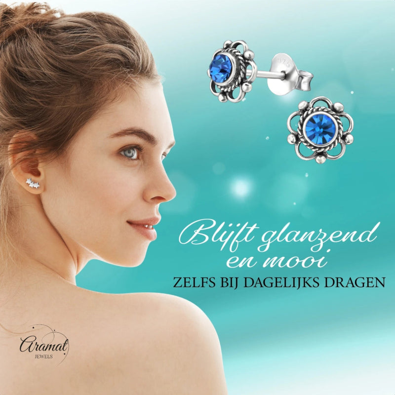 Zilveren Bloemoorbellen Blauw 7 mm - oor3383 - 30072 - Oorbellen kopen# - 7mm - 925 Zilver - alles