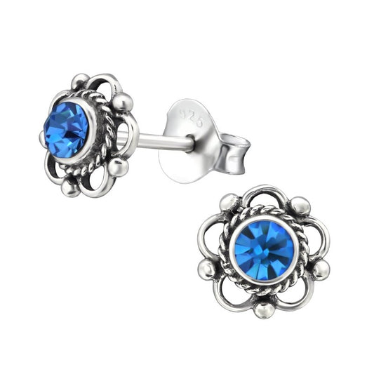 Zilveren Bloemoorbellen Blauw 7 mm - oor3383 - 30072 - Oorbellen kopen# - 7mm - 925 Zilver - alles