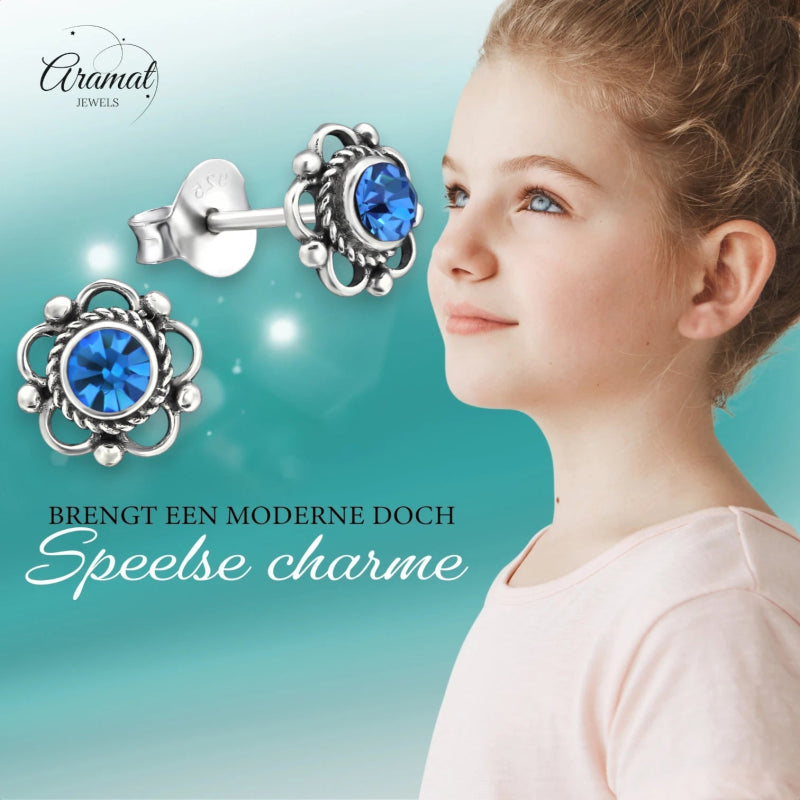 Zilveren Bloemoorbellen Blauw 7 mm - oor3383 - 30072 - Oorbellen kopen# - 7mm - 925 Zilver - alles