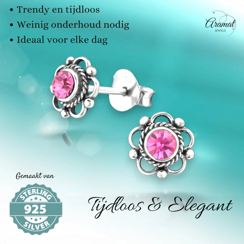 Zilveren Bloemoorbellen Roze 7 mm - oor1873 - 30072 - Oorbellen kopen# - 7mm - 925 Zilver - alles