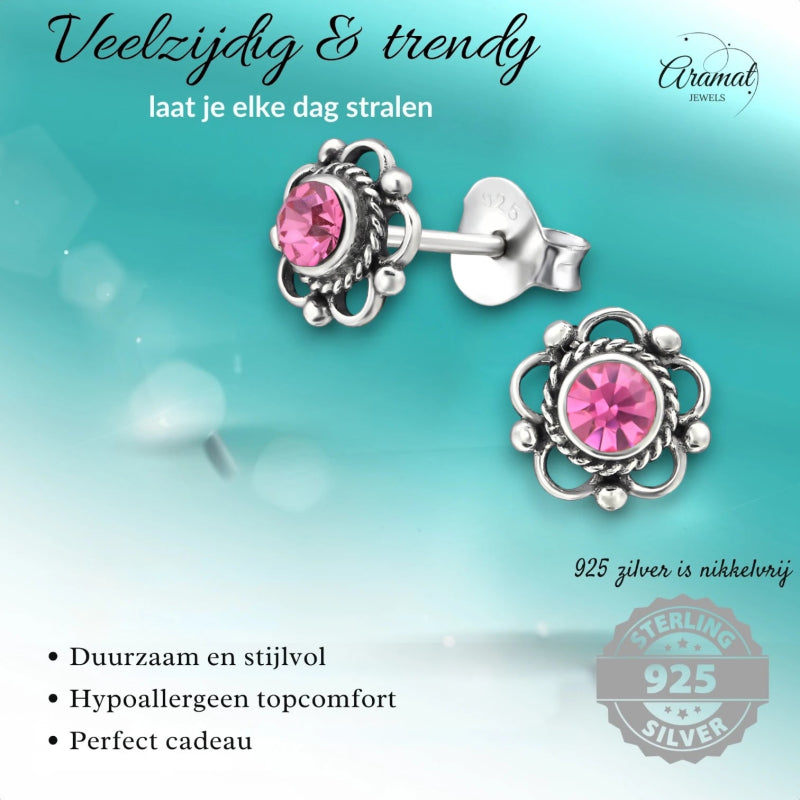 Zilveren Bloemoorbellen Roze 7 mm - oor1873 - 30072 - Oorbellen kopen# - 7mm - 925 Zilver - alles