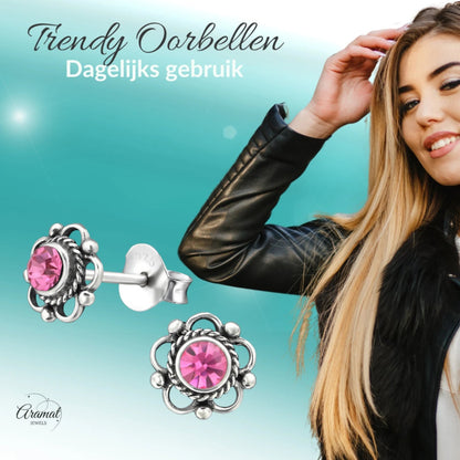 Zilveren Bloemoorbellen Roze 7 mm - oor1873 - 30072 - Oorbellen kopen# - 7mm - 925 Zilver - alles