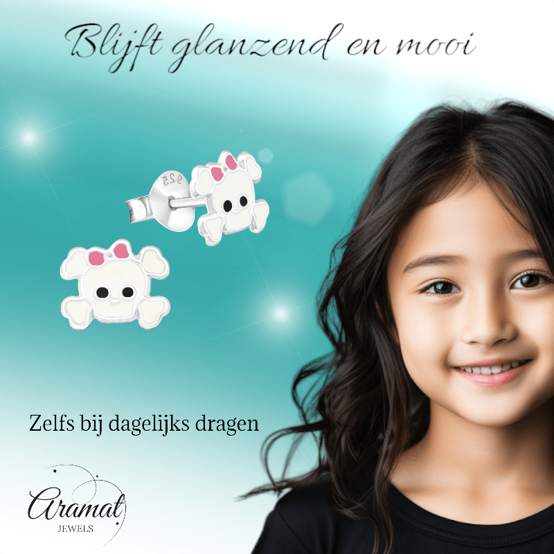 Zilveren Doodskop Oorbellen Wit 8x6 mm - oor878 - 17263 - Oorbellen kopen# - 8mm - 925 Zilver - alles