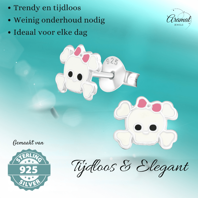 Zilveren Doodskop Oorbellen Wit 8x6 mm - oor878 - 17263 - Oorbellen kopen# - 8mm - 925 Zilver - alles