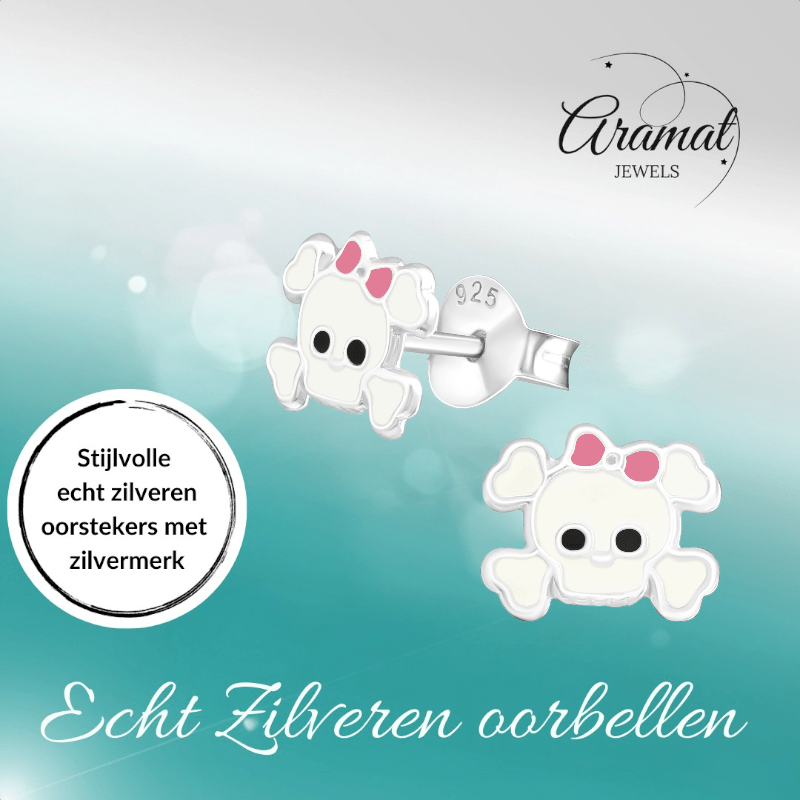 Zilveren Doodskop Oorbellen Wit 8x6 mm - oor878 - 17263 - Oorbellen kopen# - 8mm - 925 Zilver - alles