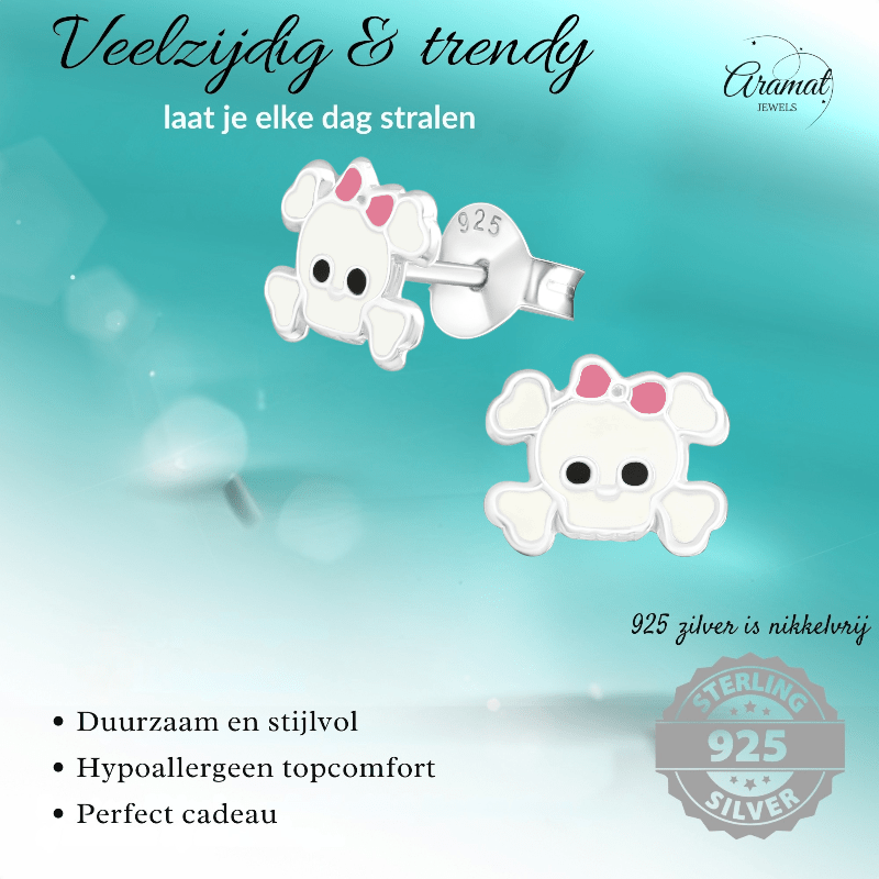 Zilveren Doodskop Oorbellen Wit 8x6 mm - oor878 - 17263 - Oorbellen kopen# - 8mm - 925 Zilver - alles