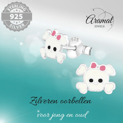 Zilveren Doodskop Oorbellen Wit 8x6 mm - oor878 - 17263 - Oorbellen kopen# - 8mm - 925 Zilver - alles