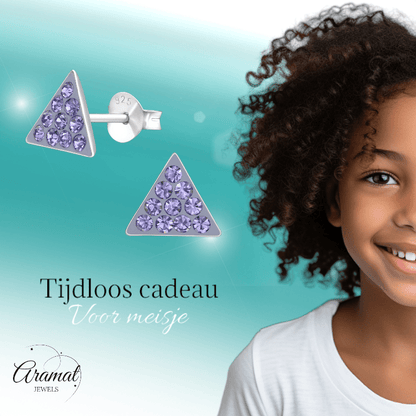 Zilveren driehoek oorbellen lavendel kristal - Aramat Jewels - Oorbellen - cadeautip