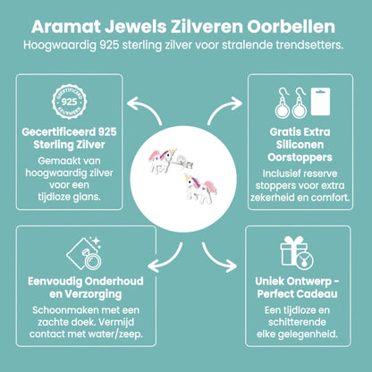 Zilveren Eenhoorn Oorbellen - hip Cadeau Meisje - Aramat Jewels - Oorbellen - cadeautip