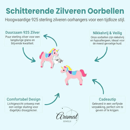 Zilveren Eenhoorn Oorbellen Roze - Cadeautje voor Meisje - Aramat Jewels - Oorbellen - cadeautip