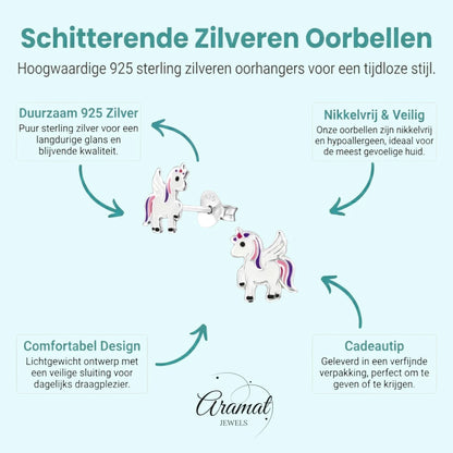 Zilveren Eenhoorn Oorbellen - Trendy Geschenk Meisje - Aramat Jewels - Oorbellen - cadeautip