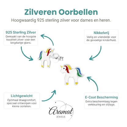 Zilveren Eenhoorn Oorbellen voor Meisje - 9x10mm - Emaille - Aramat Jewels - Oorbellen - cadeautip