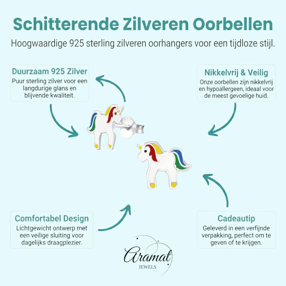 Zilveren Eenhoorn Oorbellen voor Meisje - 9x10mm - Emaille - Aramat Jewels - Oorbellen - cadeautip