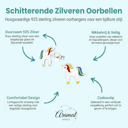 Zilveren Eenhoorn Oorbellen voor Meisje - 9x10mm - Emaille - Aramat Jewels - Oorbellen - cadeautip