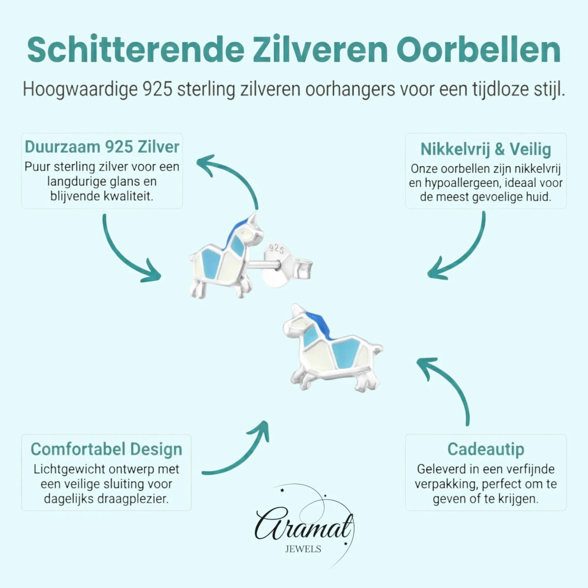 Zilveren Eenhoorn Oorbellen voor meisje - Aramat Jewels - Oorbellen - cadeautip