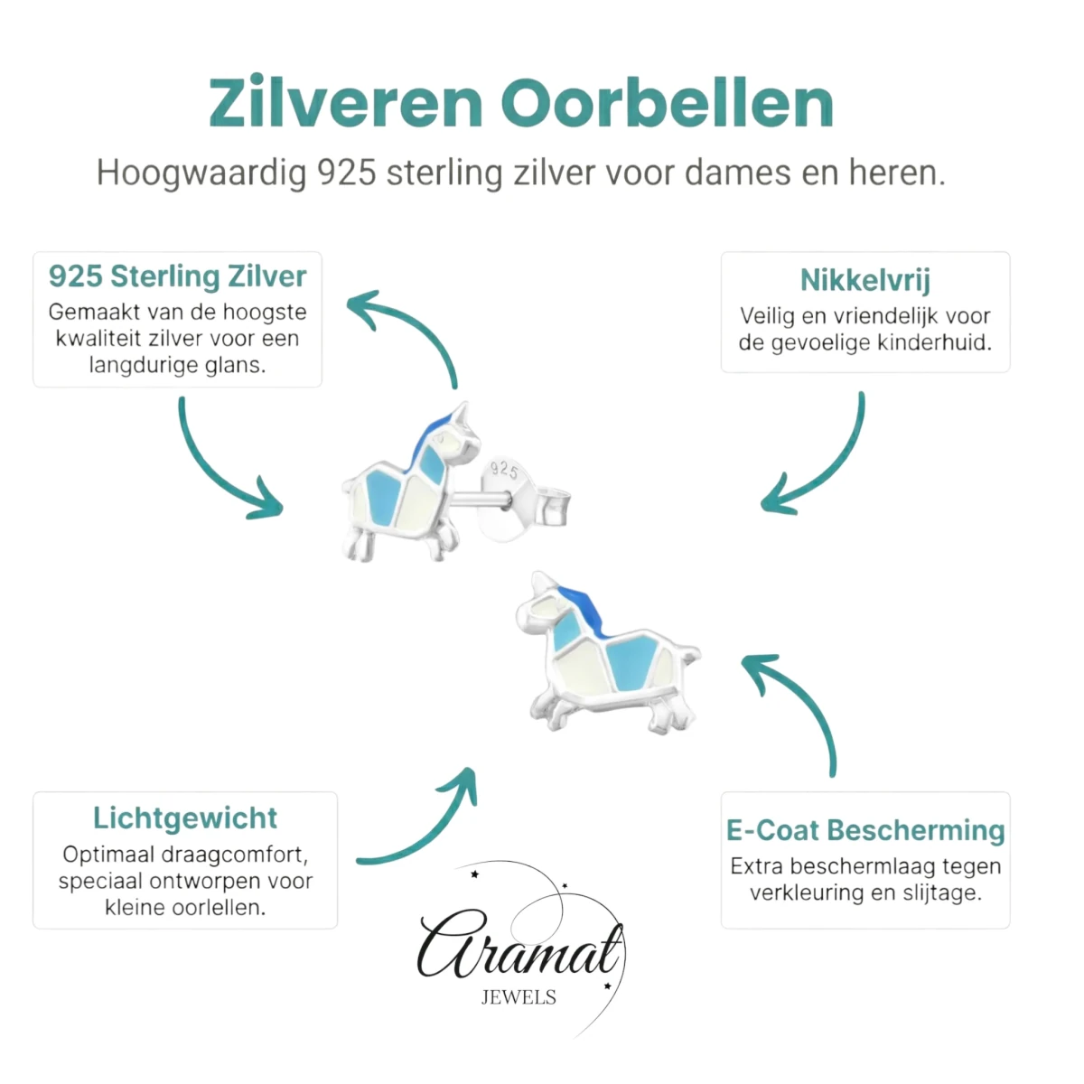 Zilveren Eenhoorn Oorbellen voor meisje - Aramat Jewels - Oorbellen - cadeautip