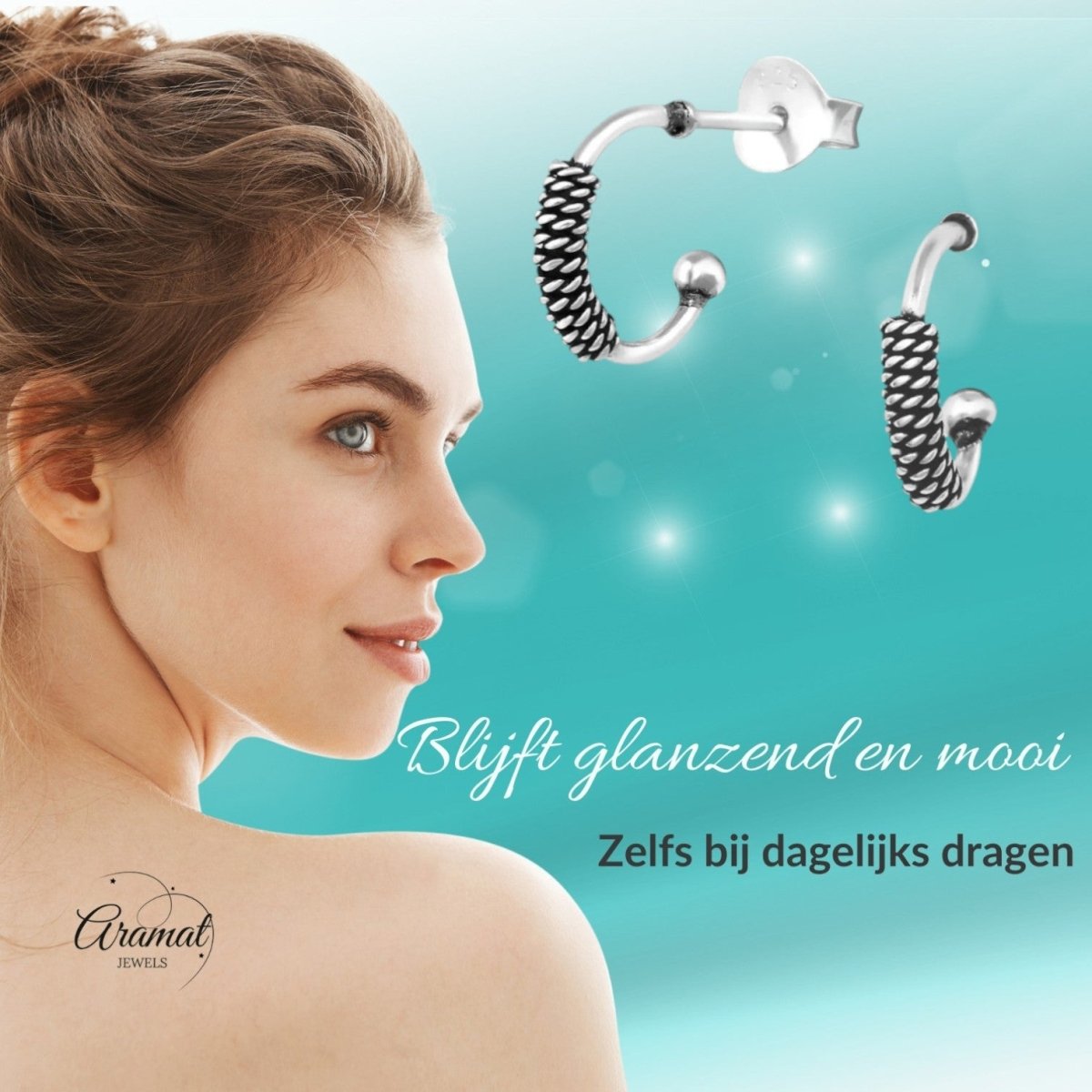 Zilveren Halve Hoepel Oorbellen Bali Geoxideerd - Aramat Jewels - Oorbellen - cadeautip