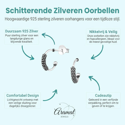 Zilveren Halve Hoepel Oorbellen Bali Geoxideerd - Aramat Jewels - Oorbellen - cadeautip