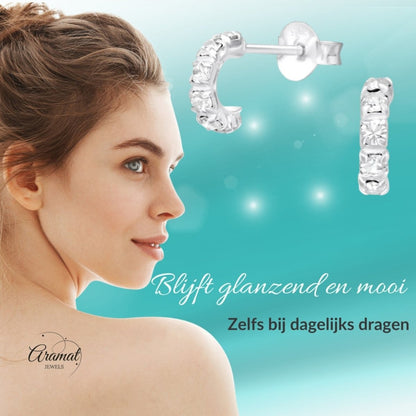 Zilveren Halve Hoepel Oorbellen met Kristal - Aramat Jewels - Oorbellen - cadeautip