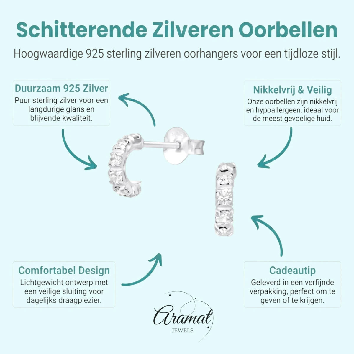 Zilveren Halve Hoepel Oorbellen met Kristal - Aramat Jewels - Oorbellen - cadeautip