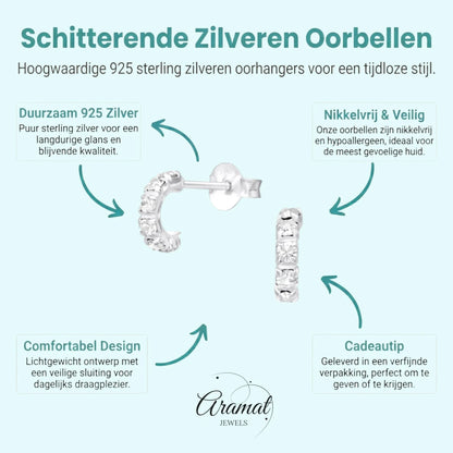 Zilveren Halve Hoepel Oorbellen met Kristal - Aramat Jewels - Oorbellen - cadeautip