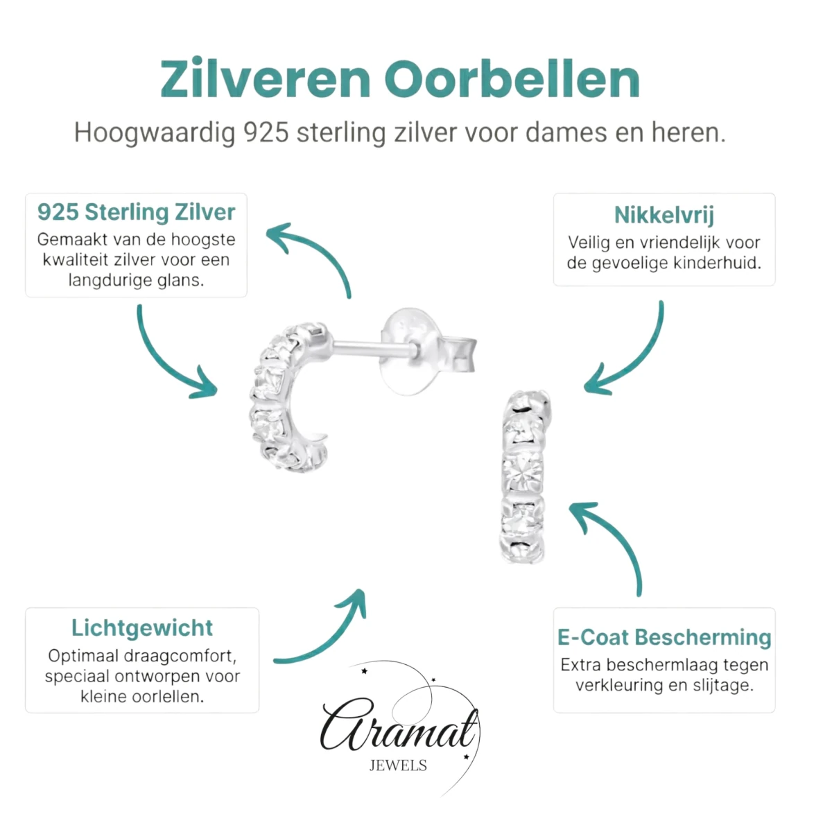 Zilveren Halve Hoepel Oorbellen met Kristal - Aramat Jewels - Oorbellen - cadeautip